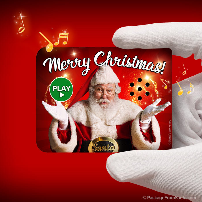 Package From Santa® - Audio gift tag with an image of Santa Claus hold it and the text 'Merry Christmas!' on a red background. There is a 'PLAY' button and musical notes depicted, indicating that it is a playable message tag.