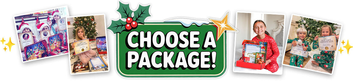Images showing personalized packages from Santa. Children showing their Nice Certificates and the red box with custom artwork. -Package From Santa®