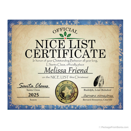 2025 Personalized Nice List Certificate w/ Gold Foil Seal*-Package From Santa®