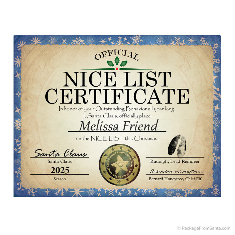 2025 Personalized Nice List Certificate w/ Gold Foil Seal