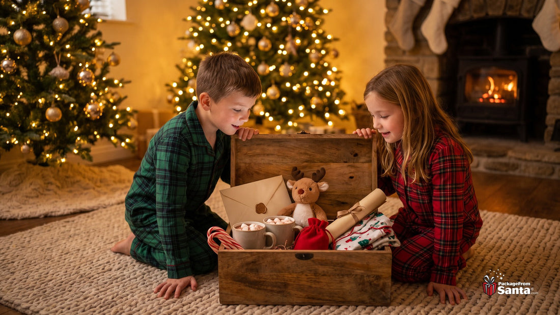 Two children in plaid pajamas opening a wooden Christmas Eve box filled with a sealed letter, plush reindeer, cocoa mugs and candy canes beside the Christmas tree