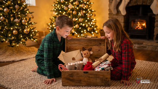 Two children in plaid pajamas opening a wooden Christmas Eve box filled with a sealed letter, plush reindeer, cocoa mugs and candy canes beside the Christmas tree