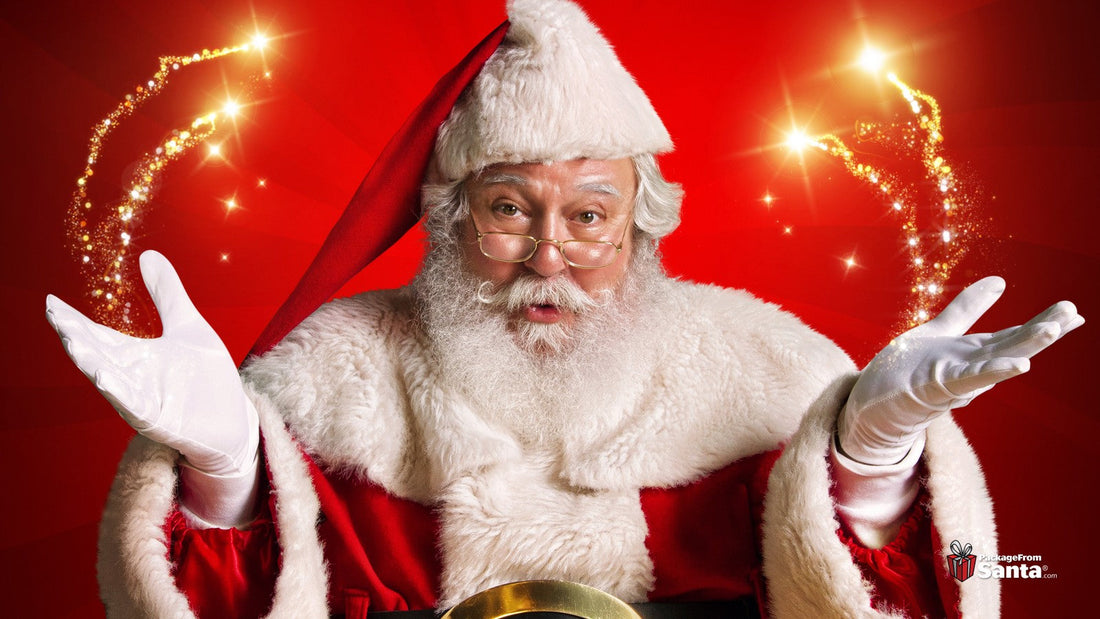 Santa Claus with his hands raised and North Pole magic sparkling around him