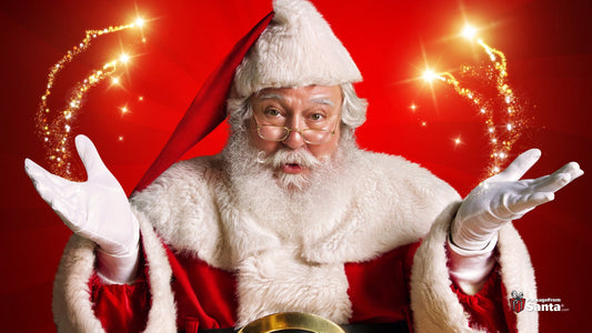 Santa Claus with his hands raised and North Pole magic sparkling around him
