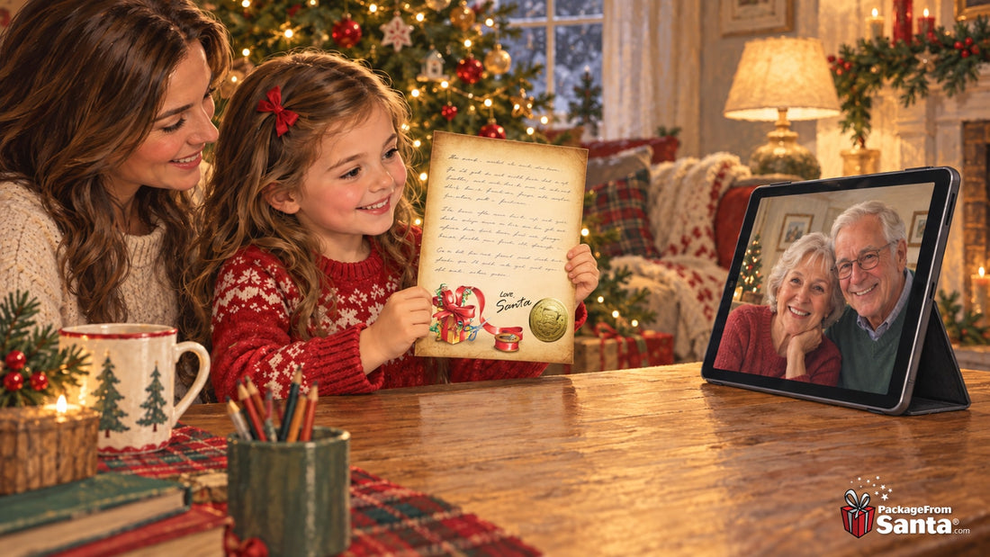 Illustration of a girl holding a Package From Santa letter beside her mother, with grandparents smiling on a tablet.