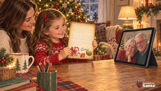 Illustration of a girl holding a Package From Santa letter beside her mother, with grandparents smiling on a tablet.