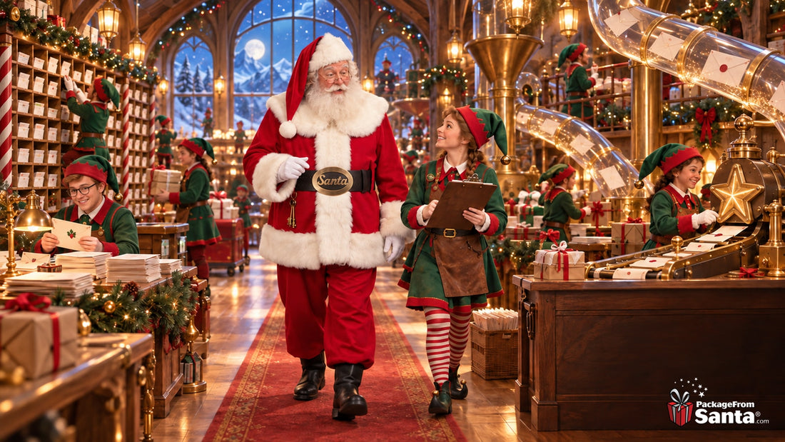 Santa walks with an elf holding a clipboard through a magical North Pole mailroom filled with busy elves and whimsical letter-sorting machines.