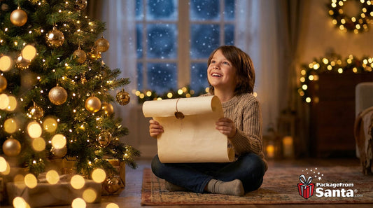 Young child by a glowing Christmas tree reading a letter from Santa, wondering at what age kids stop believing in Santa
