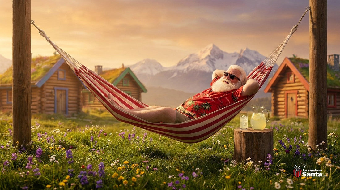 Santa relaxing in a hammock outside his North Pole village in summer, showing where Santa lives in the off-season