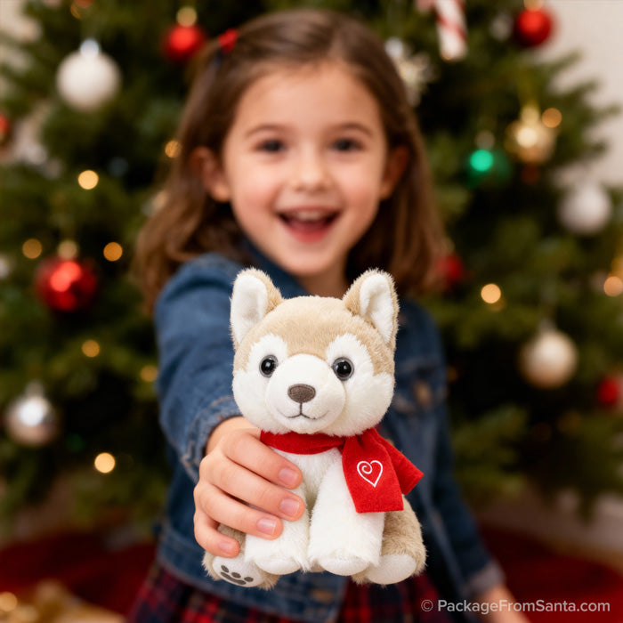 Girl holding Baby Arctic Fox Plush w/ Certificate of Friendship* from Build-A-Bear® on Christmas morning!