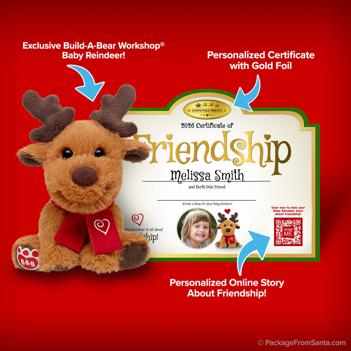 Baby Arctic Reindeer Plush w/ Certificate of Friendship* from Build-A-Bear® and Package From Santa®