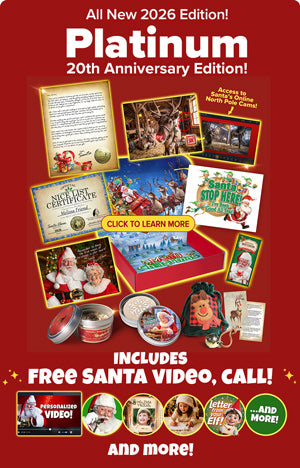 Platinum 2026 package contents: Santa letter, Nice List certificate, keepsake box and North Pole reindeer cams with free video, call and more!-Package From Santa®