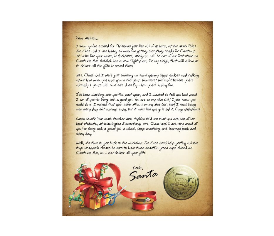 Package From Santa® - Personalized Letter from Santa with Santa real Gold Foil Seal.