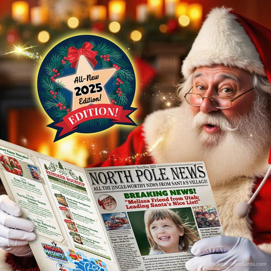 Santa holding a personalized North Pole Newspaper 2025 edition from Package From Santa®!-Package From Santa®