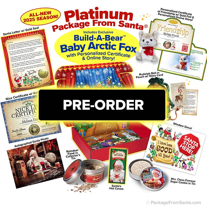 PREORDER 2025 Platinum Package From Santa® with personalized letter from Santa, Santa Photo, Nice Certficate, Build-A-Bear® Baby Arctic Fox, video from Santa and other personalized items