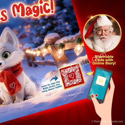 Baby Arctic Fox illustration with scannable QR story about HOPE! From Package From Santa®